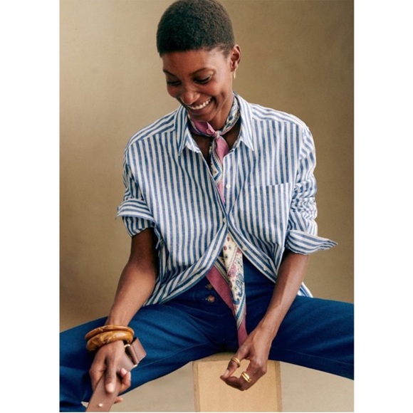 SEZANE Classic Oversized Blue & White Striped Linen Cotton Button Down Max Shirt - Picture 17 of 17